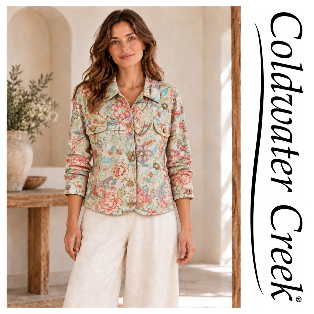 Coldwater Creek Multicolor Floral Paisley Linen Blend Button Up Boho Jacket 2X
